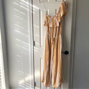 American Eagle Yellow Off White Striped One Shoulder Jumpsuit